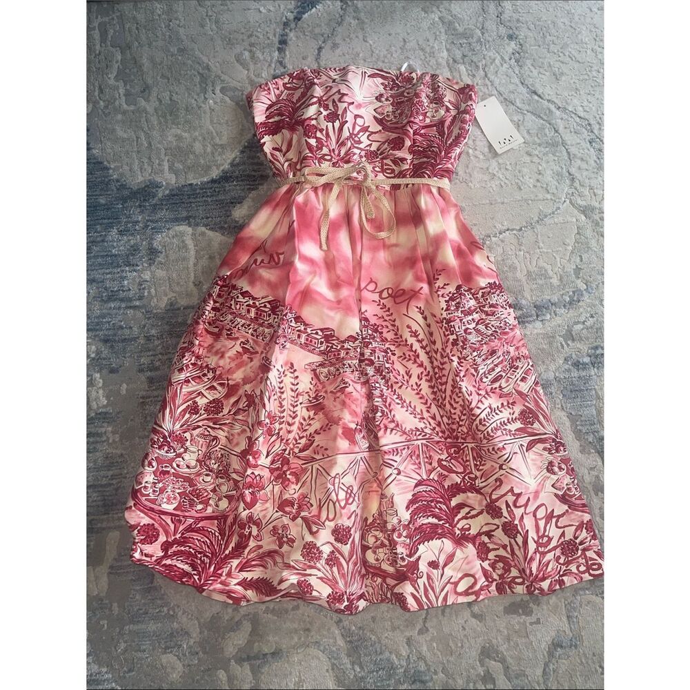 David Meister NWT Strapless Pink Floral Print Dress with belt